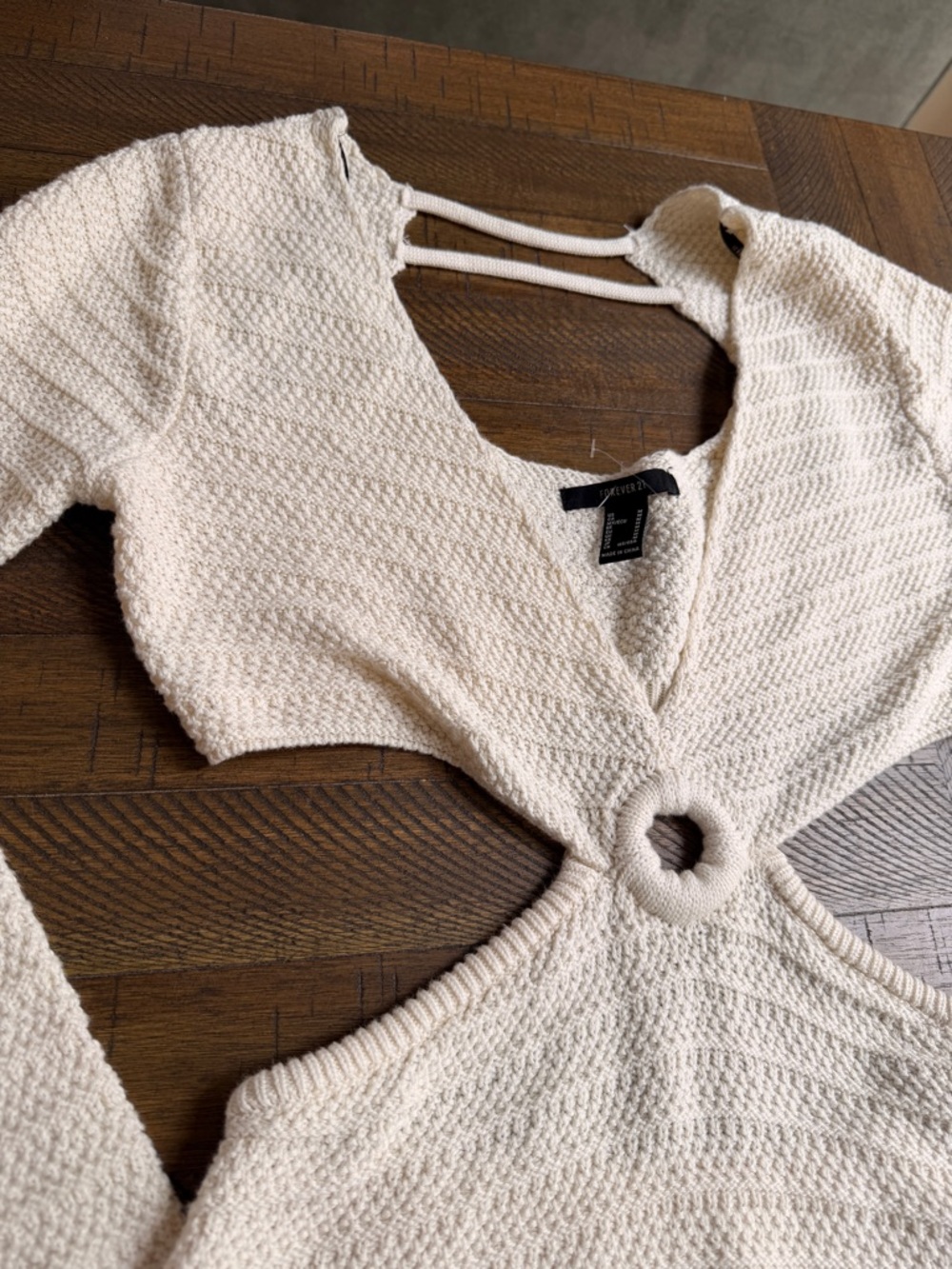 Cream Knit Cutout Crochet Mini Dress Euro Summer Resortwear Festival Coastal M - Picture 5 of 13
